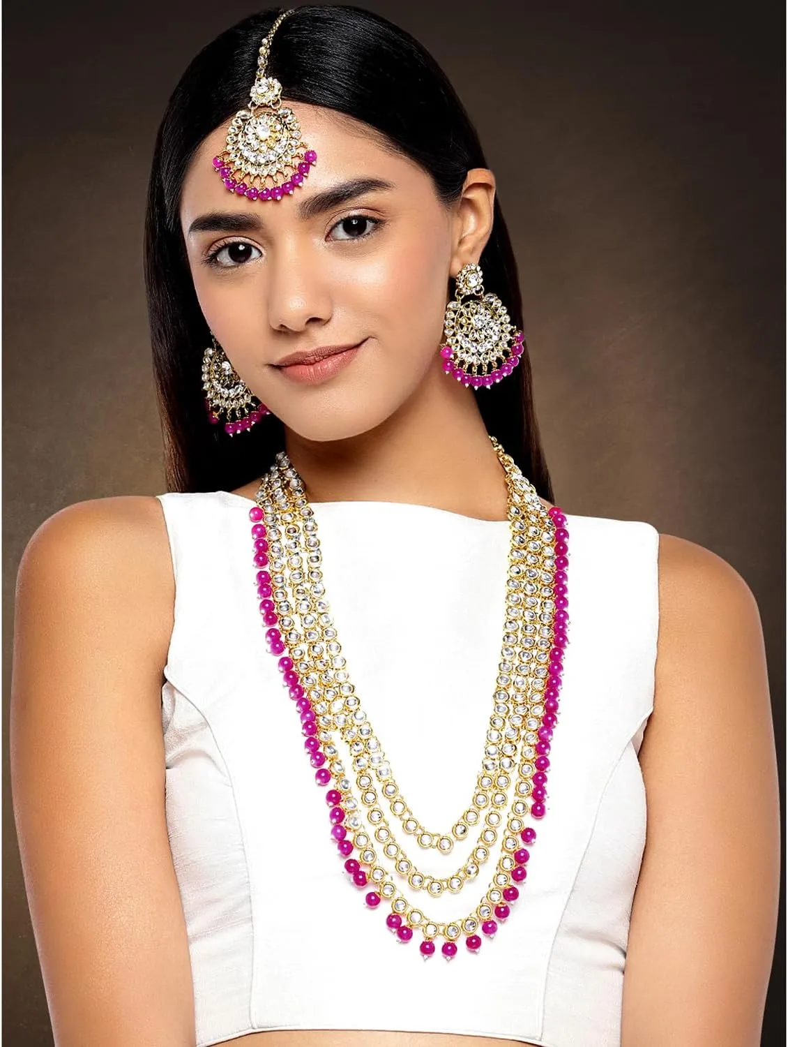Aheli Indian Ethnic Wedding Faux Kundan Beaded Bridal Long Necklace Earrings with Maang Tikka Traditional Jewellery Set Gift for Women