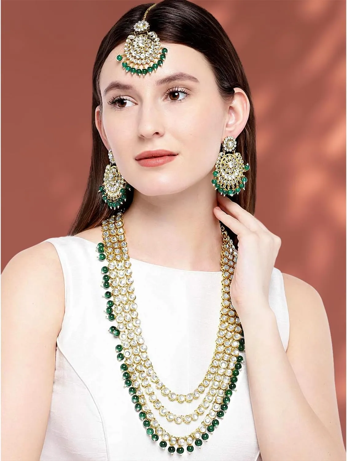 Aheli Indian Ethnic Wedding Faux Kundan Beaded Bridal Long Necklace Earrings with Maang Tikka Traditional Jewellery Set Gift for Women