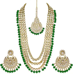 Aheli Indian Ethnic Wedding Faux Kundan Beaded Bridal Long Necklace Earrings with Maang Tikka Traditional Jewellery Set Gift for Women