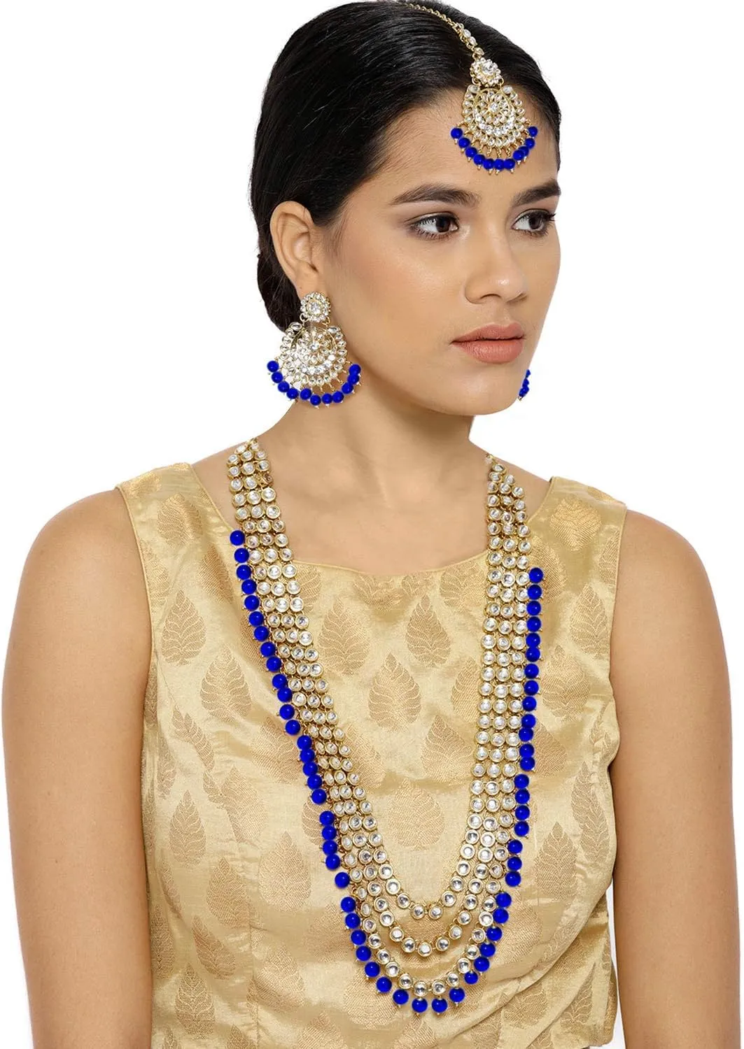 Aheli Indian Ethnic Wedding Faux Kundan Beaded Bridal Long Necklace Earrings with Maang Tikka Traditional Jewellery Set Gift for Women