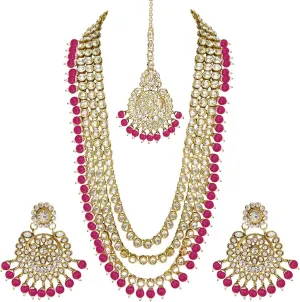 Aheli Indian Ethnic Wedding Faux Kundan Beaded Bridal Long Necklace Earrings with Maang Tikka Traditional Jewellery Set Gift for Women