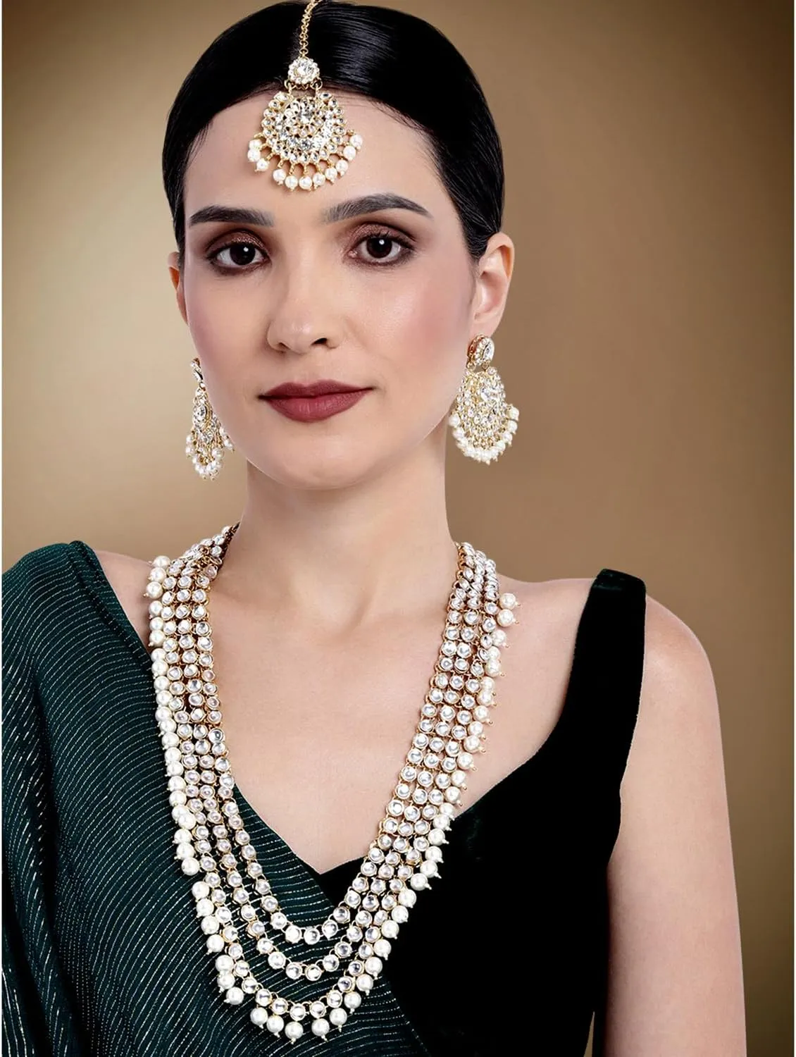 Aheli Indian Ethnic Wedding Faux Kundan Beaded Bridal Long Necklace Earrings with Maang Tikka Traditional Jewellery Set Gift for Women