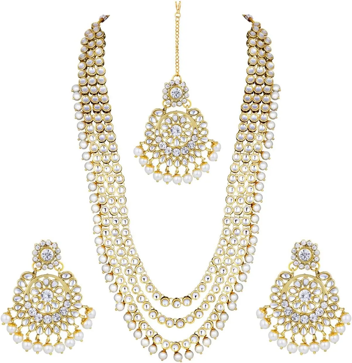 Aheli Indian Ethnic Wedding Faux Kundan Beaded Bridal Long Necklace Earrings with Maang Tikka Traditional Jewellery Set Gift for Women