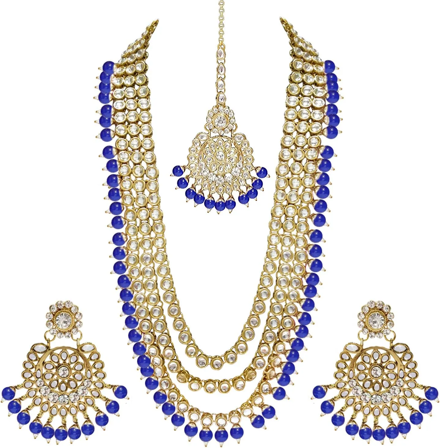 Aheli Indian Ethnic Wedding Faux Kundan Beaded Bridal Long Necklace Earrings with Maang Tikka Traditional Jewellery Set Gift for Women