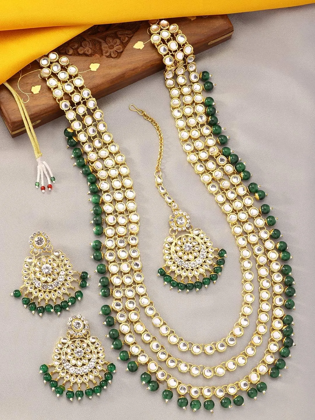 Aheli Indian Ethnic Wedding Faux Kundan Beaded Bridal Long Necklace Earrings with Maang Tikka Traditional Jewellery Set Gift for Women