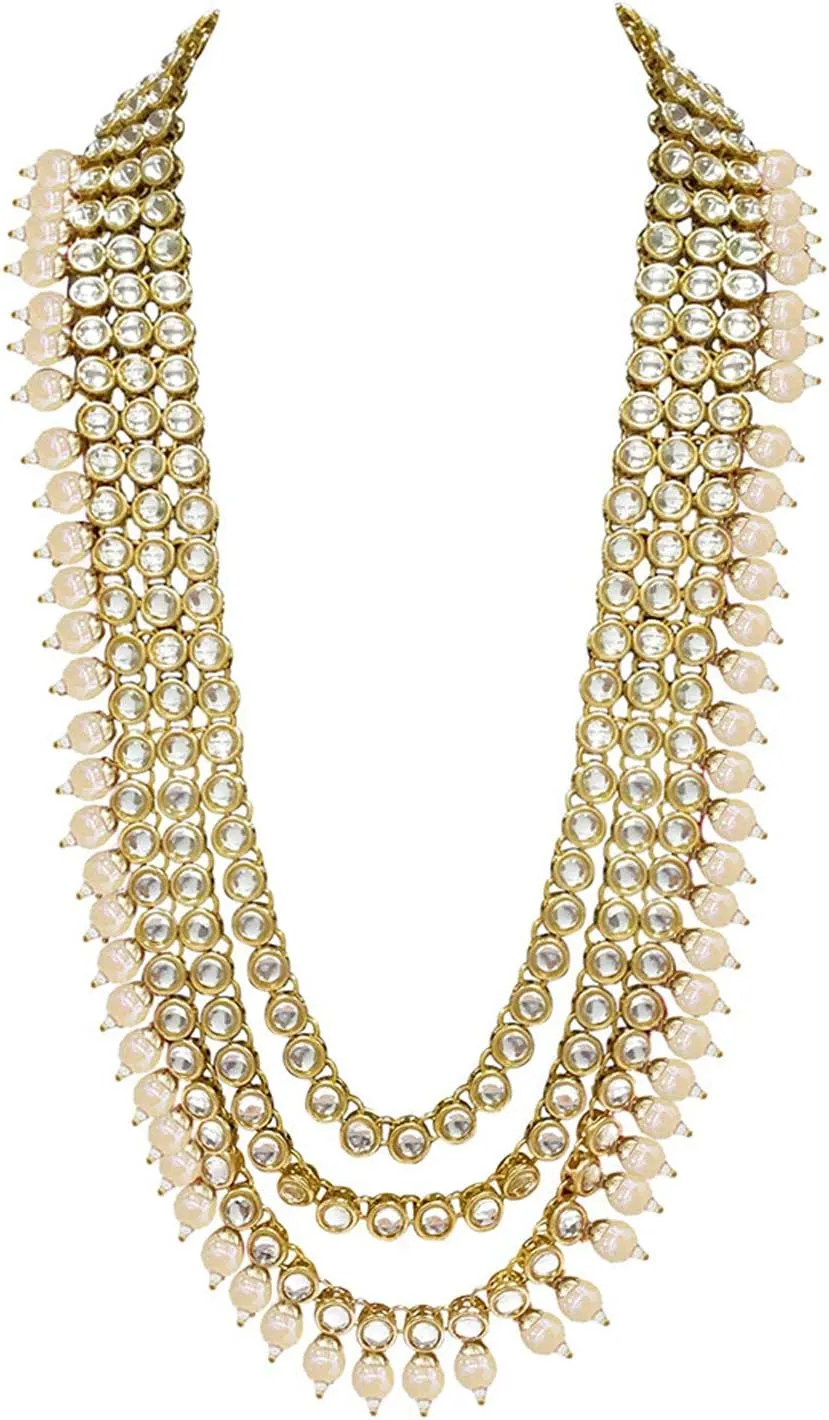 Aheli Indian Ethnic Wedding Faux Kundan Beaded Bridal Long Necklace Earrings with Maang Tikka Traditional Jewellery Set Gift for Women