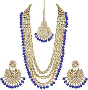 Aheli Indian Ethnic Wedding Faux Kundan Beaded Bridal Long Necklace Earrings with Maang Tikka Traditional Jewellery Set Gift for Women