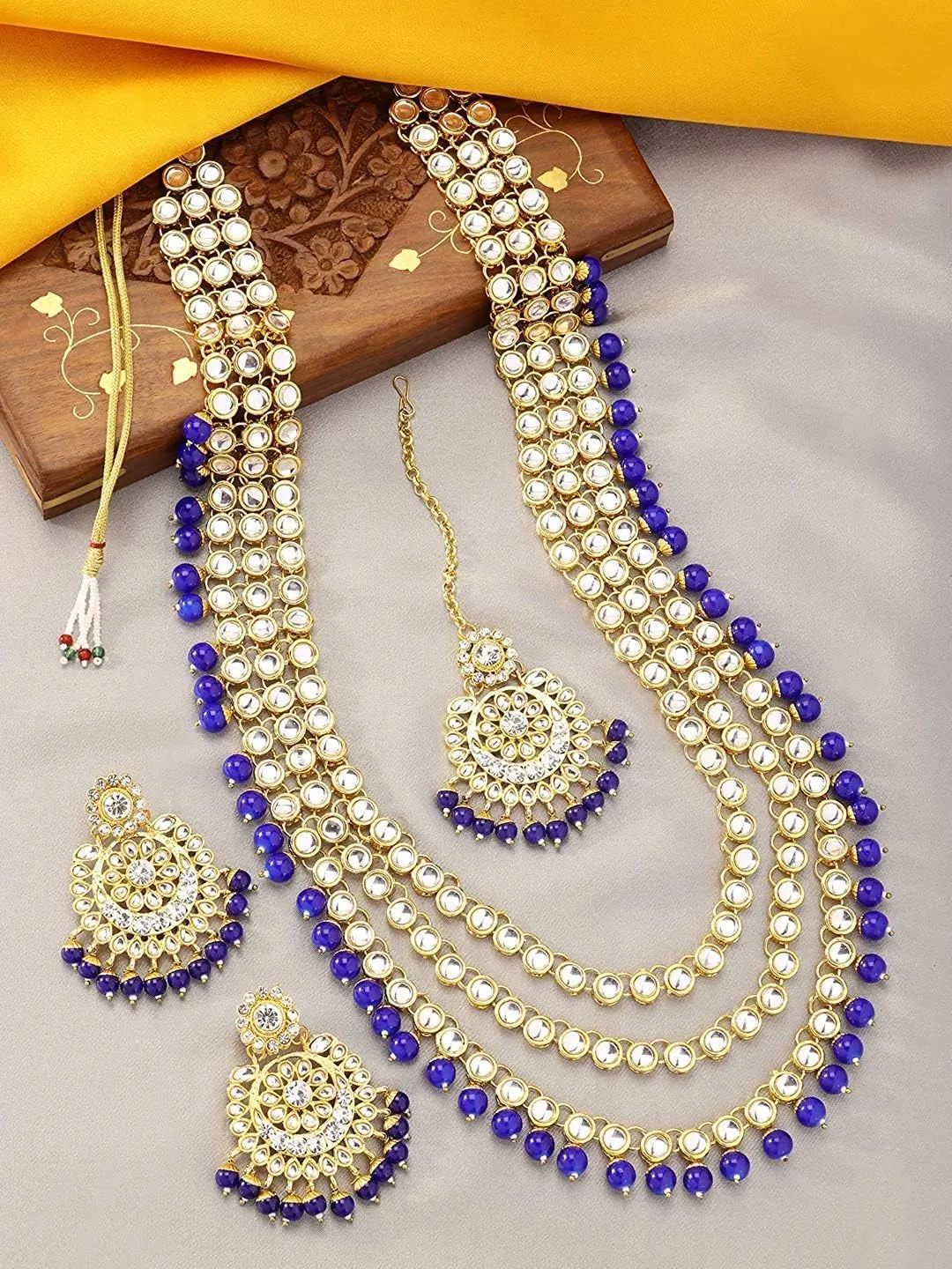 Aheli Indian Ethnic Wedding Faux Kundan Beaded Bridal Long Necklace Earrings with Maang Tikka Traditional Jewellery Set Gift for Women