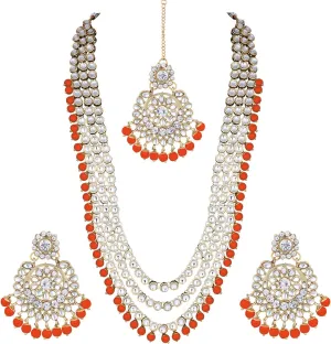 Aheli Indian Ethnic Wedding Faux Kundan Beaded Bridal Long Necklace Earrings with Maang Tikka Traditional Jewellery Set Gift for Women