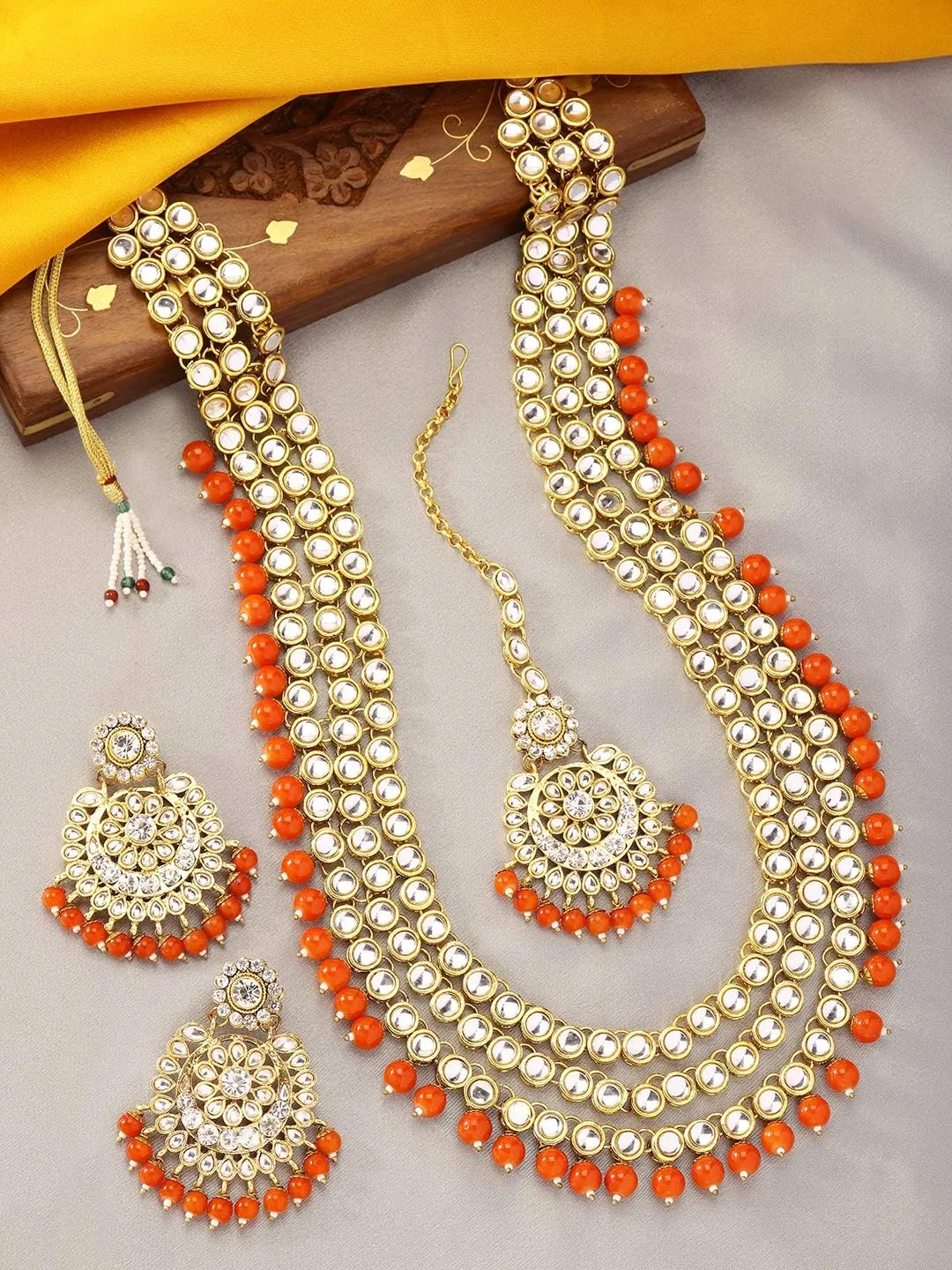 Aheli Indian Ethnic Wedding Faux Kundan Beaded Bridal Long Necklace Earrings with Maang Tikka Traditional Jewellery Set Gift for Women