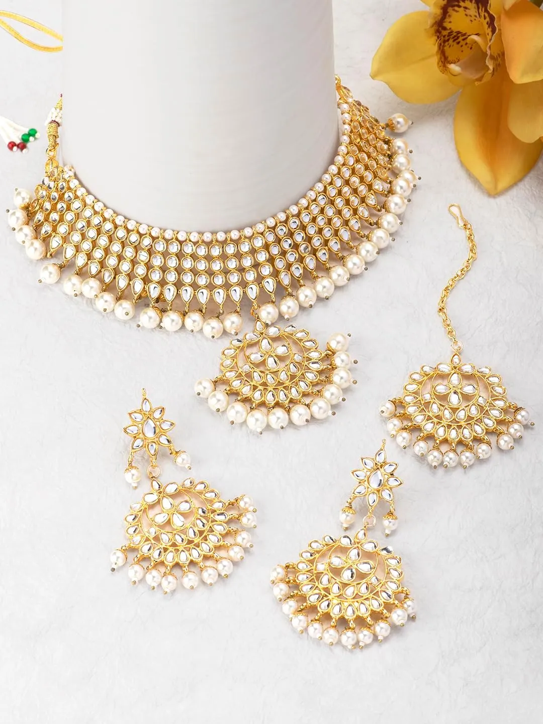 Aheli Indian Traditional Maang Tikka with Kundan Necklace Earrings Set Ethnic Wedding Party Designer Jewelry Gift for Women