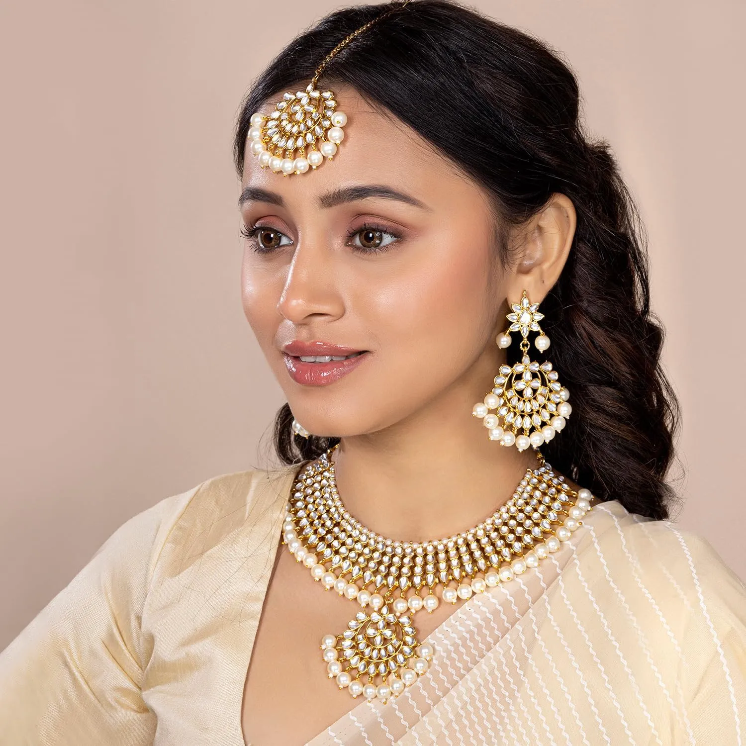 Aheli Indian Traditional Maang Tikka with Kundan Necklace Earrings Set Ethnic Wedding Party Designer Jewelry Gift for Women