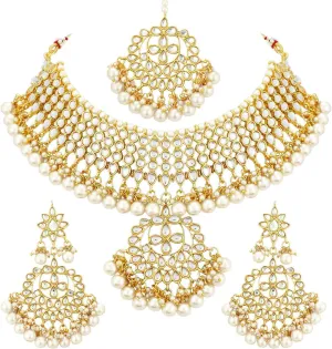 Aheli Indian Traditional Maang Tikka with Kundan Necklace Earrings Set Ethnic Wedding Party Designer Jewelry Gift for Women