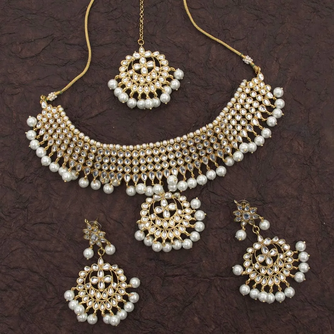 Aheli Indian Traditional Maang Tikka with Kundan Necklace Earrings Set Ethnic Wedding Party Designer Jewelry Gift for Women