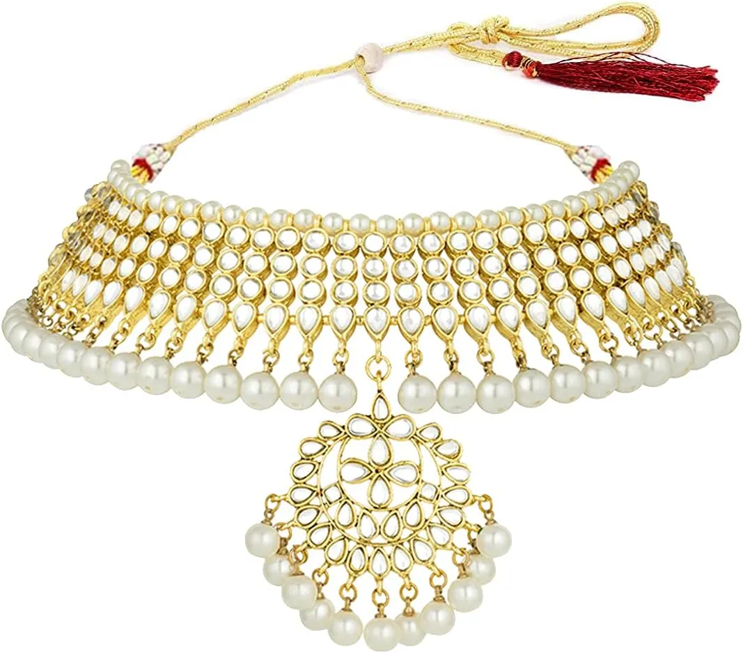 Aheli Indian Traditional Maang Tikka with Kundan Necklace Earrings Set Ethnic Wedding Party Designer Jewelry Gift for Women