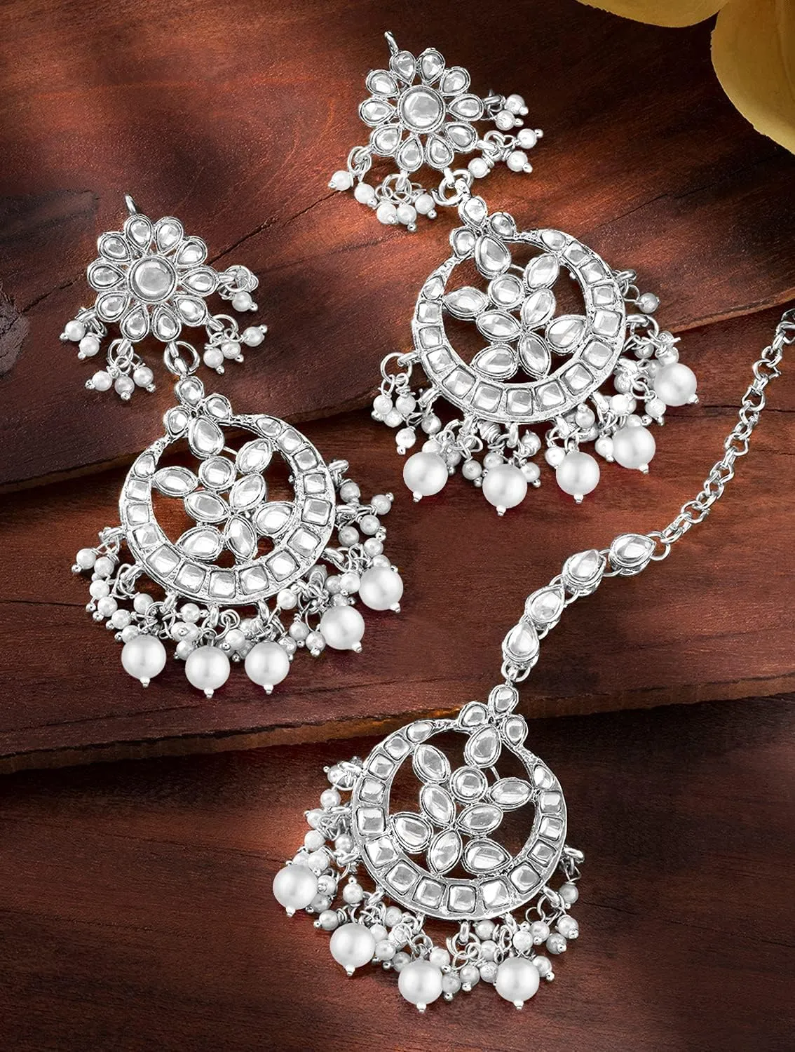 Aheli Indian Traditional Wedding Faux Kundan Beads and Pearls Chandbali Earrings Maang Tikka Earrings Set Ethnic Bollywood Jewelry Set Gift for Women