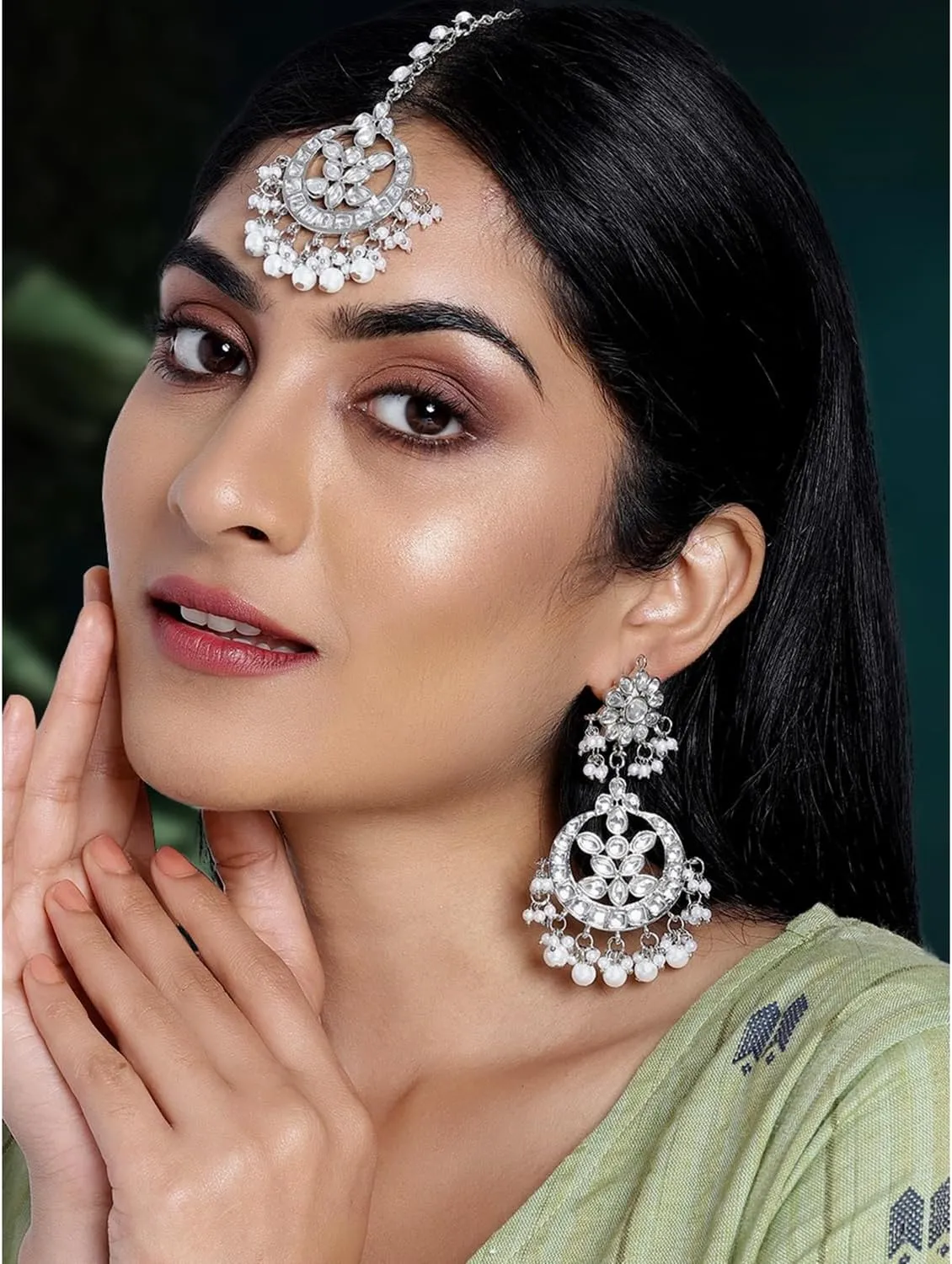 Aheli Indian Traditional Wedding Faux Kundan Beads and Pearls Chandbali Earrings Maang Tikka Earrings Set Ethnic Bollywood Jewelry Set Gift for Women