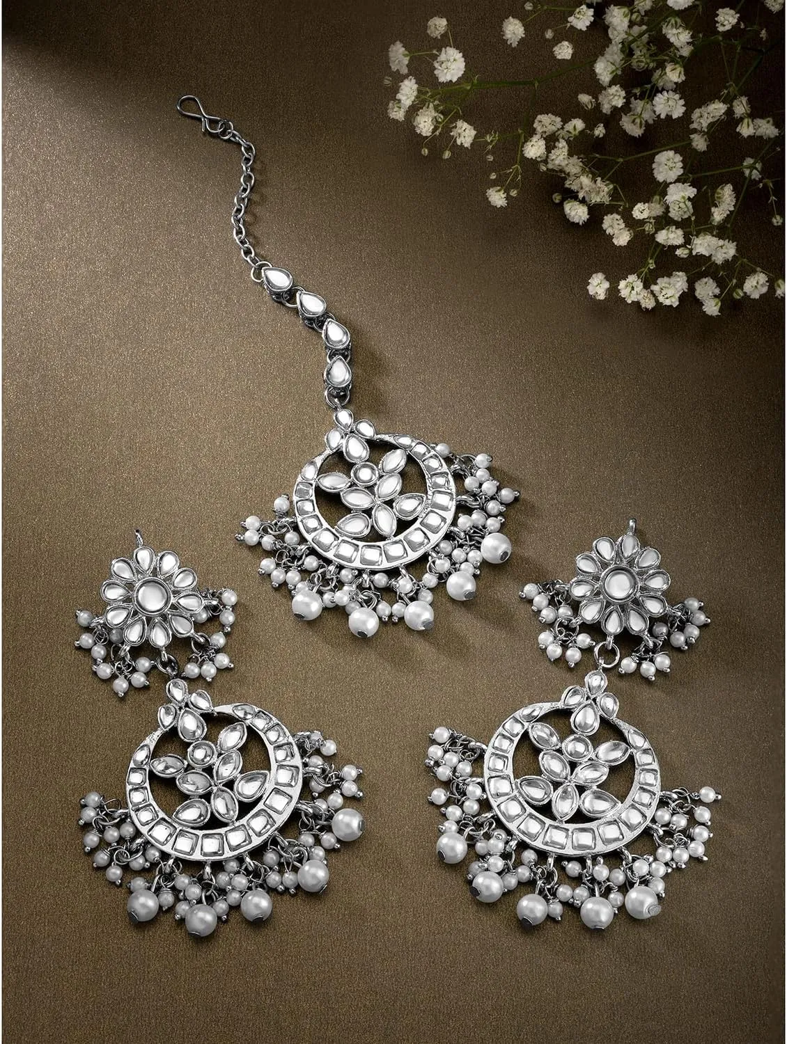 Aheli Indian Traditional Wedding Faux Kundan Beads and Pearls Chandbali Earrings Maang Tikka Earrings Set Ethnic Bollywood Jewelry Set Gift for Women