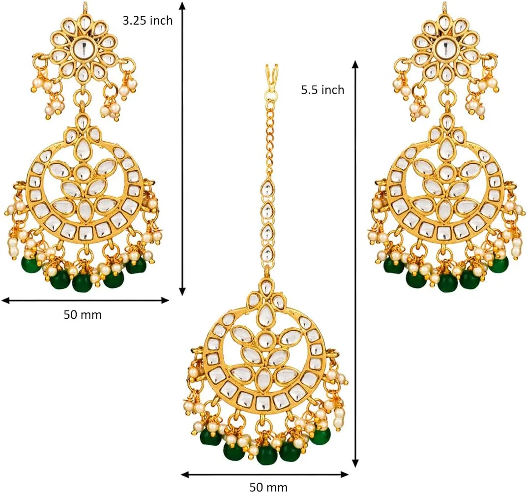 Aheli Indian Traditional Wedding Faux Kundan Beads and Pearls Chandbali Earrings Maang Tikka Earrings Set Ethnic Bollywood Jewelry Set Gift for Women