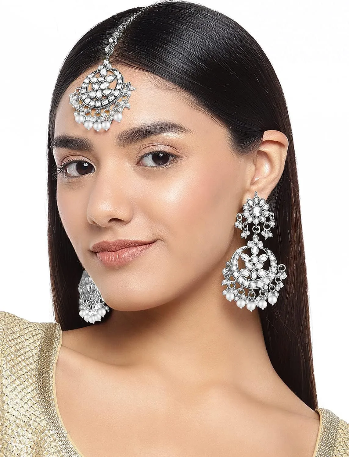 Aheli Indian Traditional Wedding Faux Kundan Beads and Pearls Chandbali Earrings Maang Tikka Earrings Set Ethnic Bollywood Jewelry Set Gift for Women