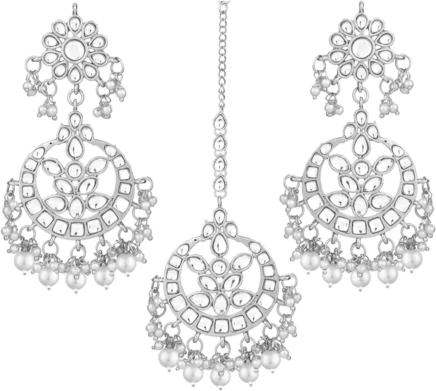 Aheli Indian Traditional Wedding Faux Kundan Beads and Pearls Chandbali Earrings Maang Tikka Earrings Set Ethnic Bollywood Jewelry Set Gift for Women