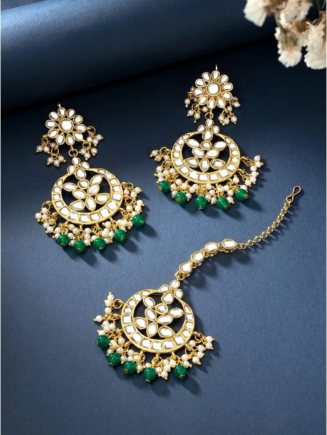 Aheli Indian Traditional Wedding Faux Kundan Beads and Pearls Chandbali Earrings Maang Tikka Earrings Set Ethnic Bollywood Jewelry Set Gift for Women