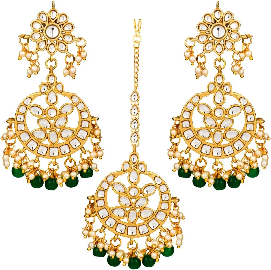 Aheli Indian Traditional Wedding Faux Kundan Beads and Pearls Chandbali Earrings Maang Tikka Earrings Set Ethnic Bollywood Jewelry Set Gift for Women