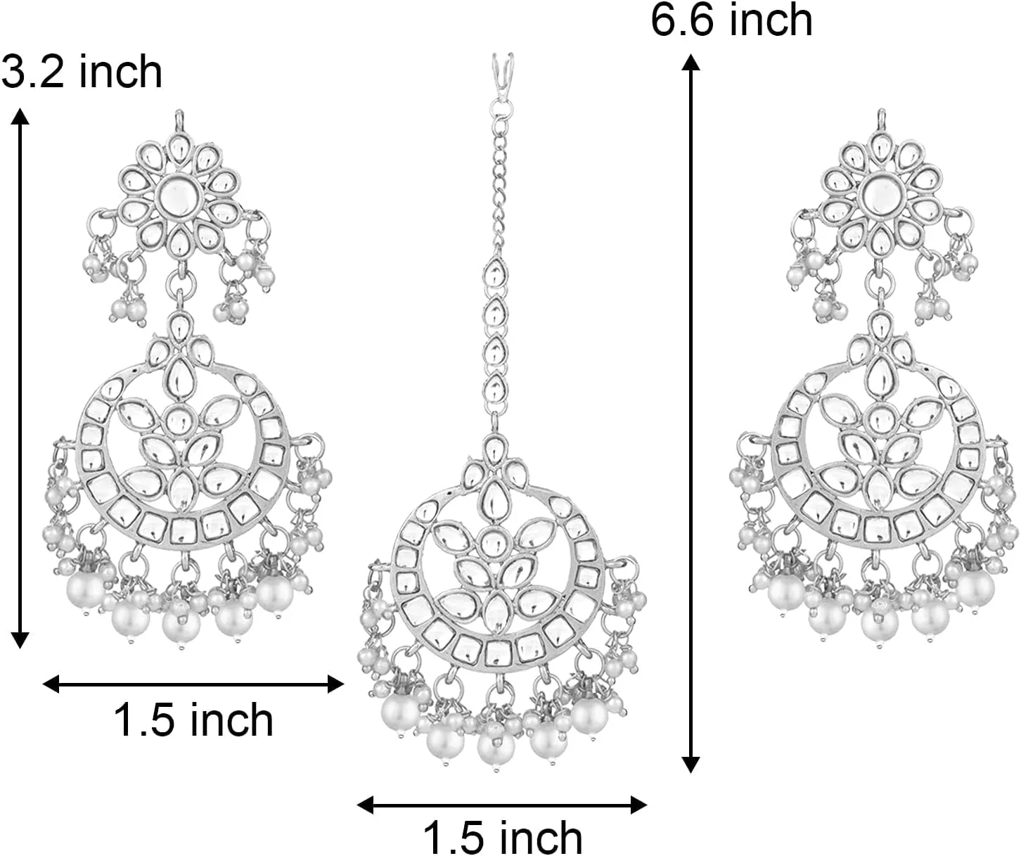 Aheli Indian Traditional Wedding Faux Kundan Beads and Pearls Chandbali Earrings Maang Tikka Earrings Set Ethnic Bollywood Jewelry Set Gift for Women