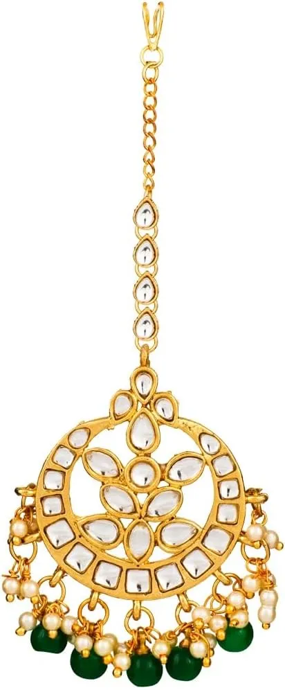 Aheli Indian Traditional Wedding Faux Kundan Beads and Pearls Chandbali Earrings Maang Tikka Earrings Set Ethnic Bollywood Jewelry Set Gift for Women