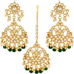 Aheli Indian Traditional Wedding Faux Kundan Beads and Pearls Chandbali Earrings Maang Tikka Earrings Set Ethnic Bollywood Jewelry Set Gift for Women