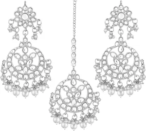 Aheli Indian Traditional Wedding Faux Kundan Beads and Pearls Chandbali Earrings Maang Tikka Earrings Set Ethnic Bollywood Jewelry Set Gift for Women