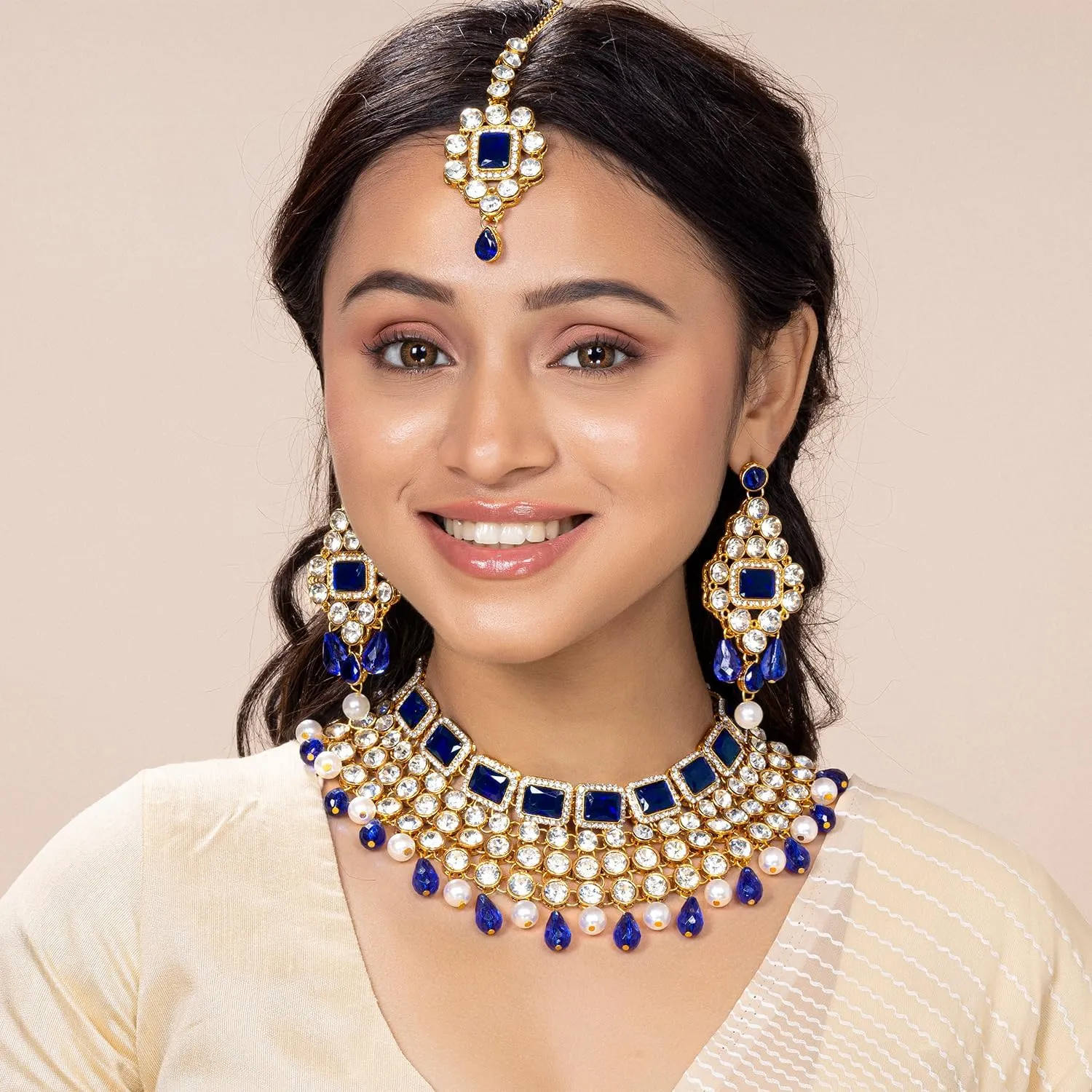 Aheli Kundan and Simulated Colored Stones Indian Ethnic Maang Tikka Necklace and Earrings Set Bollywood Festive Statement Jewelry Gift for Women