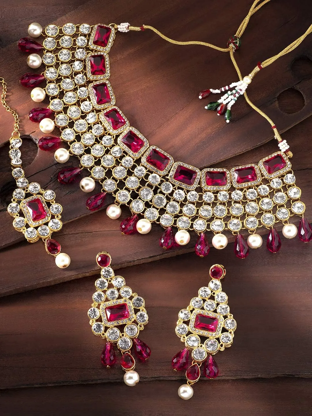 Aheli Kundan and Simulated Colored Stones Indian Ethnic Maang Tikka Necklace and Earrings Set Bollywood Festive Statement Jewelry Gift for Women