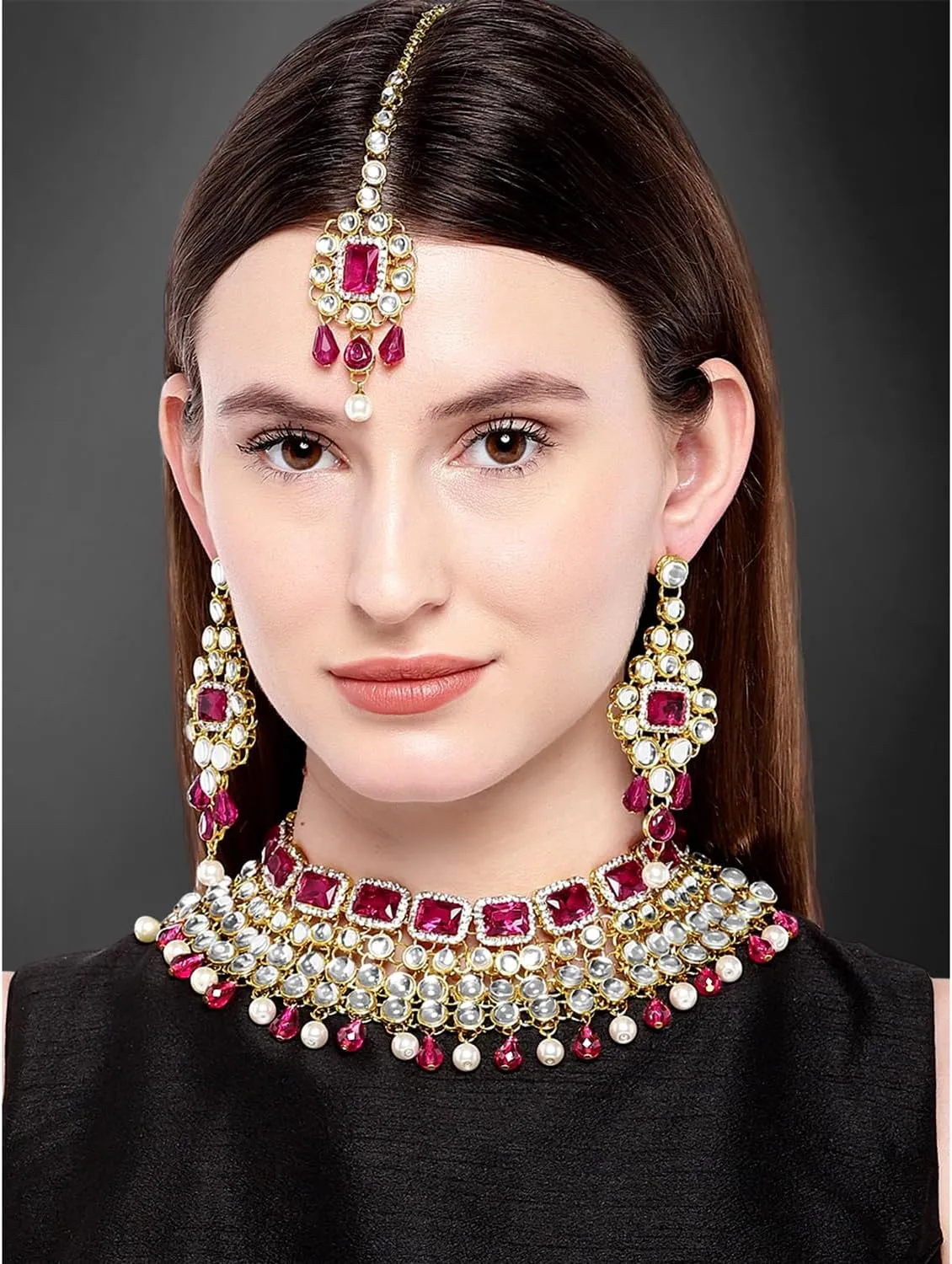 Aheli Kundan and Simulated Colored Stones Indian Ethnic Maang Tikka Necklace and Earrings Set Bollywood Festive Statement Jewelry Gift for Women