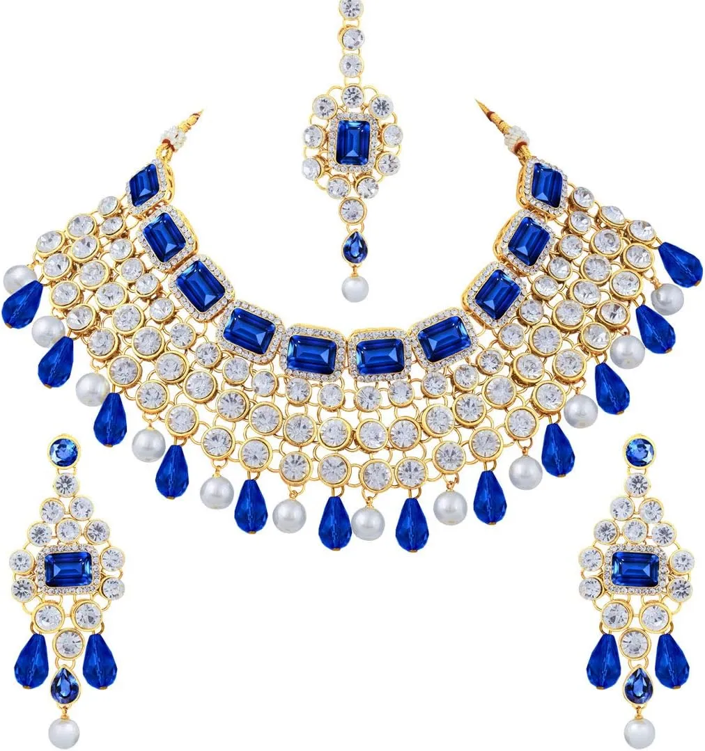 Aheli Kundan and Simulated Colored Stones Indian Ethnic Maang Tikka Necklace and Earrings Set Bollywood Festive Statement Jewelry Gift for Women