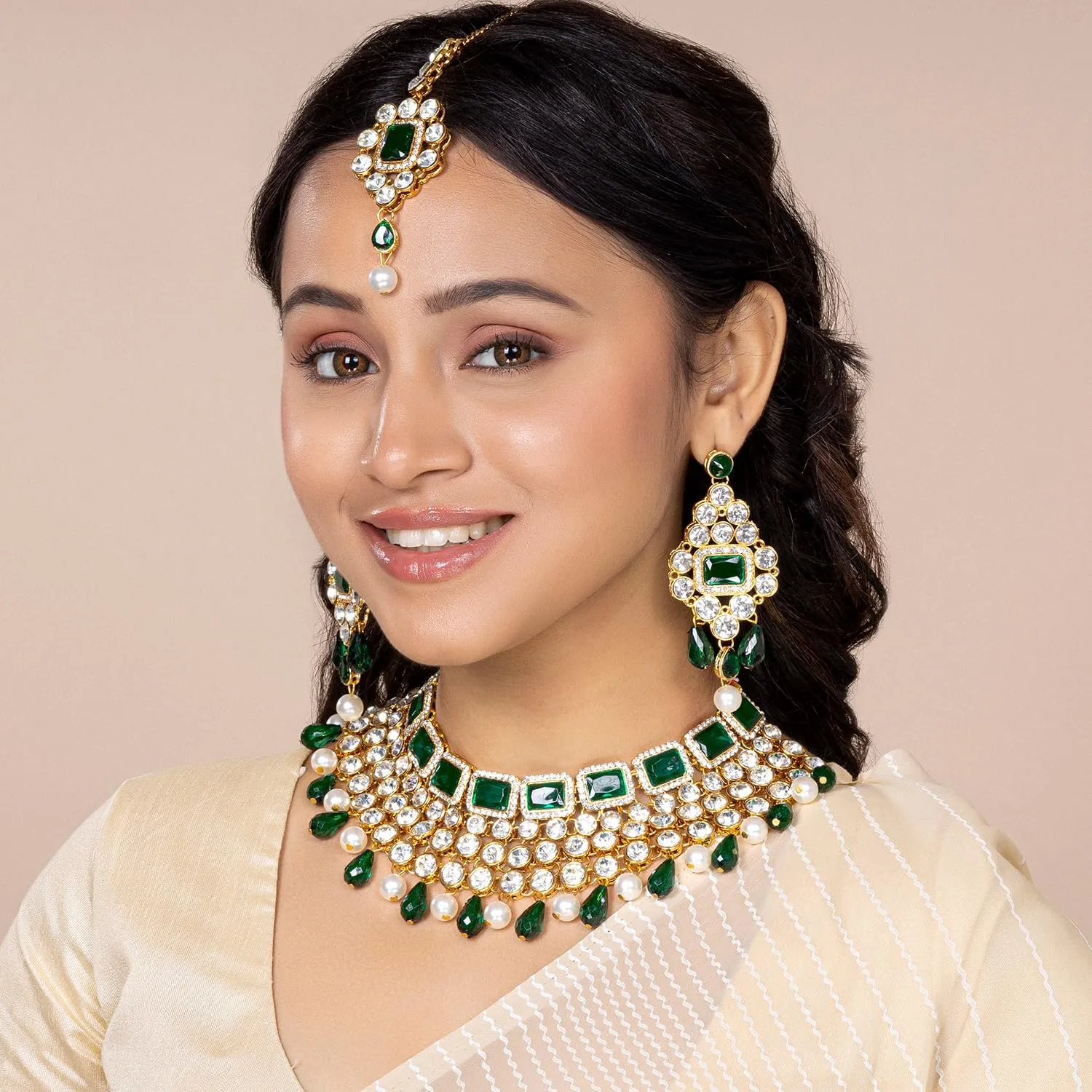 Aheli Kundan and Simulated Colored Stones Indian Ethnic Maang Tikka Necklace and Earrings Set Bollywood Festive Statement Jewelry Gift for Women