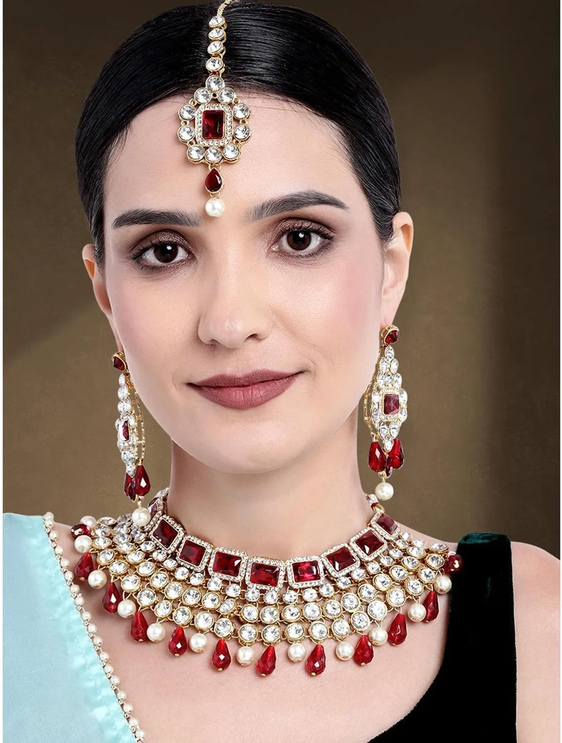Aheli Kundan and Simulated Colored Stones Indian Ethnic Maang Tikka Necklace and Earrings Set Bollywood Festive Statement Jewelry Gift for Women