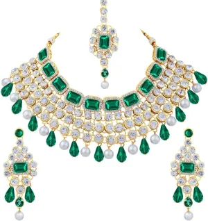 Aheli Kundan and Simulated Colored Stones Indian Ethnic Maang Tikka Necklace and Earrings Set Bollywood Festive Statement Jewelry Gift for Women