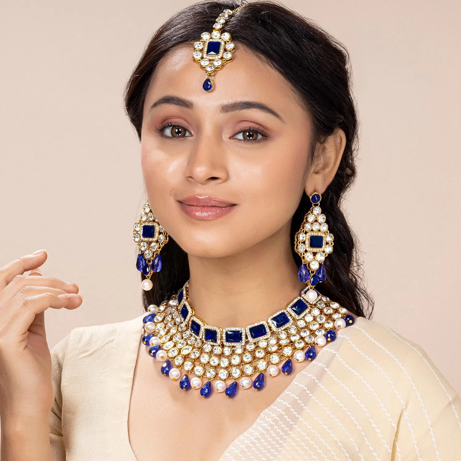 Aheli Kundan and Simulated Colored Stones Indian Ethnic Maang Tikka Necklace and Earrings Set Bollywood Festive Statement Jewelry Gift for Women