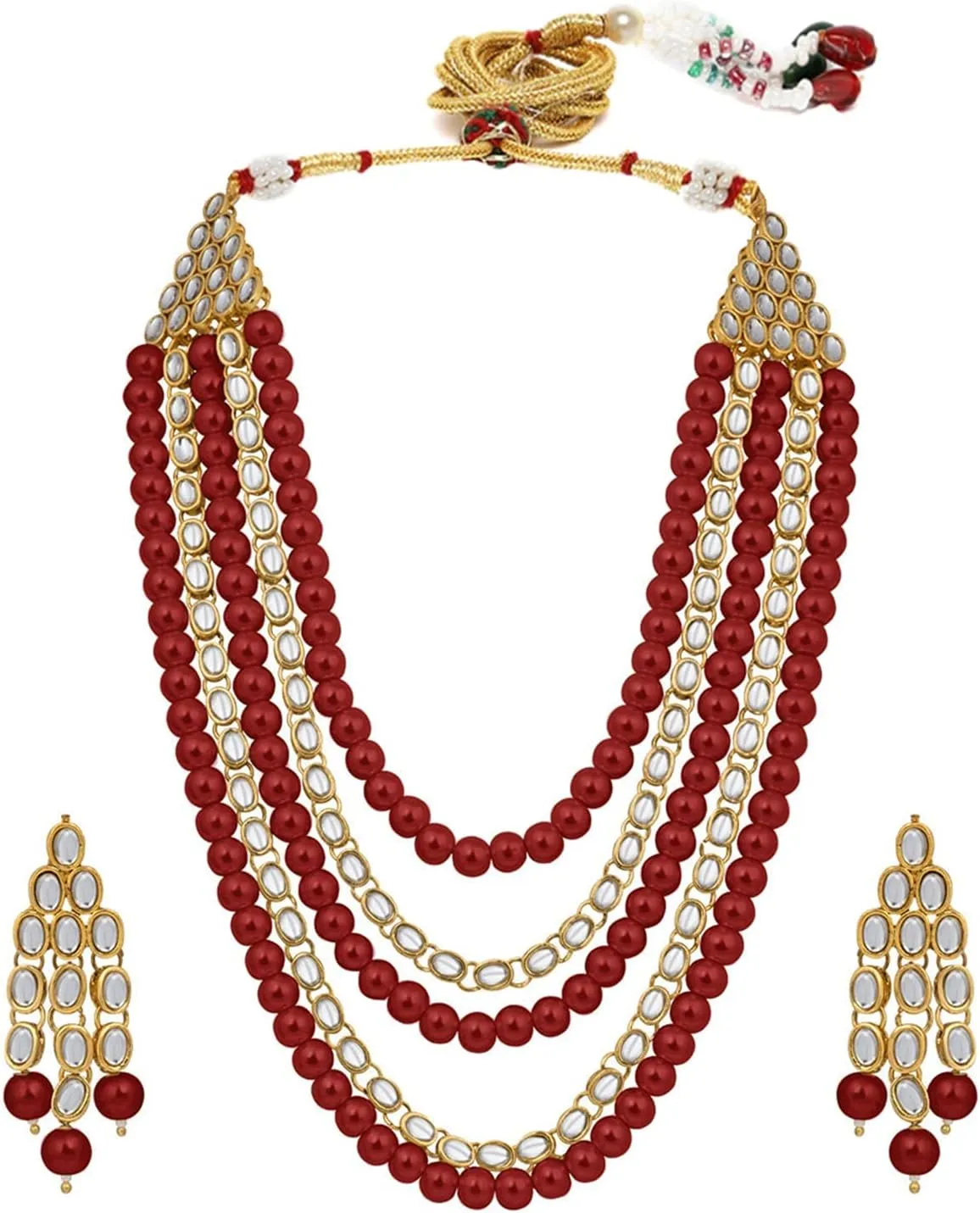 Aheli Kundan Pearl Long Multi Layered Necklace Earrings Set Indian Wedding Jewelry Gift for Women