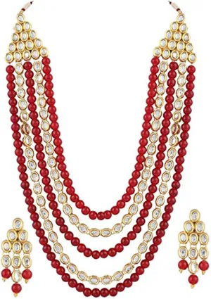 Aheli Kundan Pearl Long Multi Layered Necklace Earrings Set Indian Wedding Jewelry Gift for Women