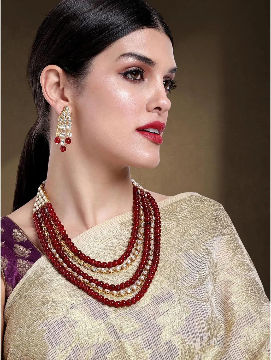 Aheli Kundan Pearl Long Multi Layered Necklace Earrings Set Indian Wedding Jewelry Gift for Women