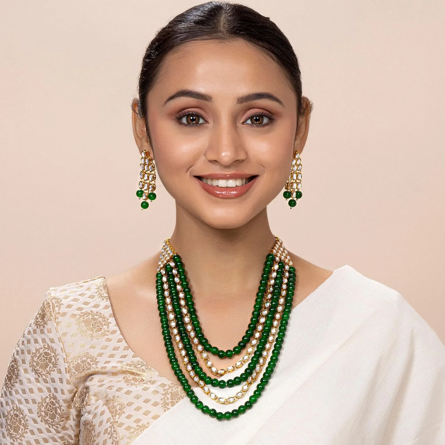 Aheli Kundan Pearl Long Multi Layered Necklace Earrings Set Indian Wedding Jewelry Gift for Women