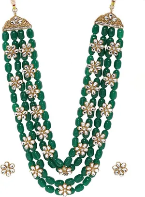 Aheli Kundan Pearl Long Multi Layered Necklace Earrings Set Indian Wedding Jewelry Gift for Women