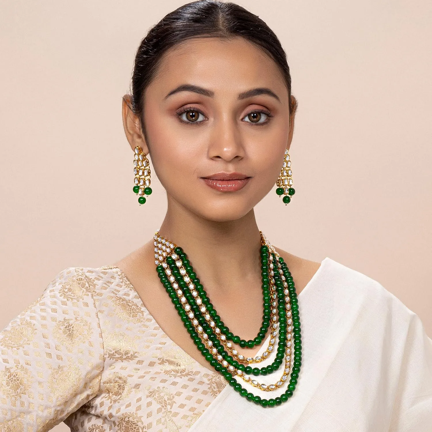 Aheli Kundan Pearl Long Multi Layered Necklace Earrings Set Indian Wedding Jewelry Gift for Women