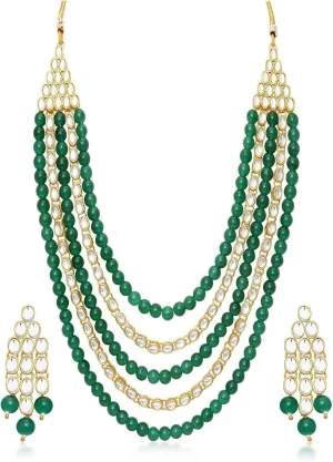 Aheli Kundan Pearl Long Multi Layered Necklace Earrings Set Indian Wedding Jewelry Gift for Women
