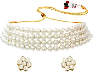 Aheli Pearl Beaded Choker Necklace with Stud Earrings for Women Indian Traditional Bollywood Jewelry Set