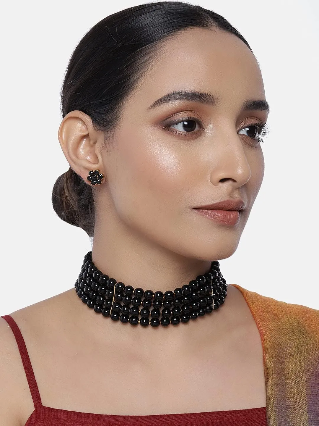 Aheli Pearl Beaded Choker Necklace with Stud Earrings for Women Indian Traditional Bollywood Jewelry Set