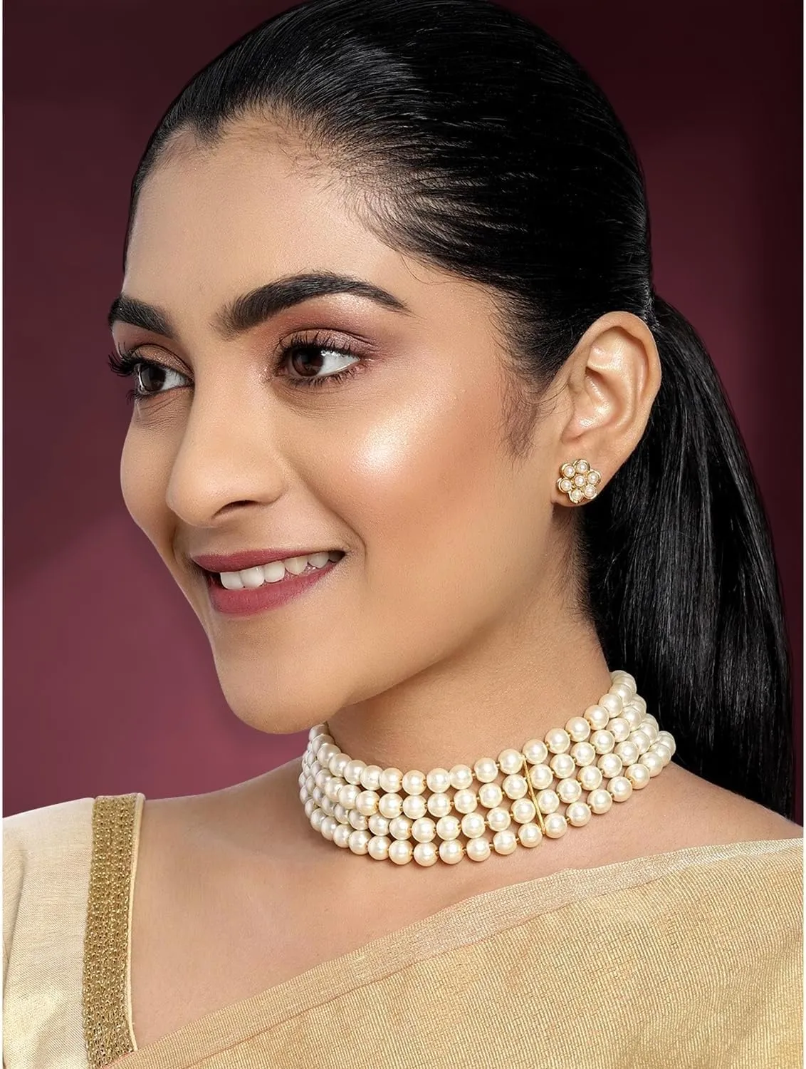 Aheli Pearl Beaded Choker Necklace with Stud Earrings for Women Indian Traditional Bollywood Jewelry Set