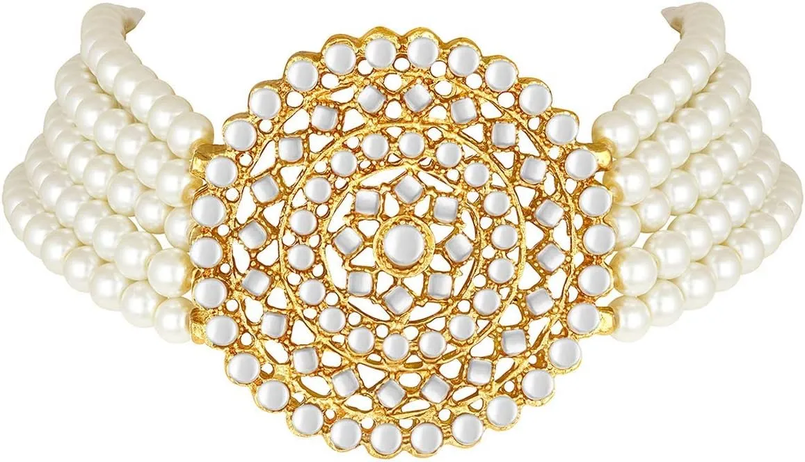 Aheli Pearl Diamond Choker Necklace with Round Earrings Gift for Women Indian Traditional Bollywood Fashion Jewelry Set